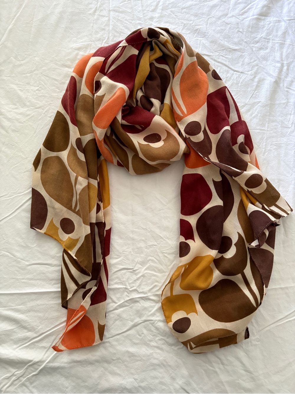 Orla Kiely x Uniqlo Retro Abstract Scarf in Burgundy, Orange, Mustard & Brown
